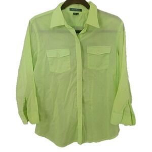 Lauren Ralph Lauren Womens L Gauzy Cotton Button Front Shirt Green Casual Trendy